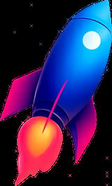 Blue and pink rocket ship with glowing window, launching upward with fiery orange and red exhaust flames against gradient background