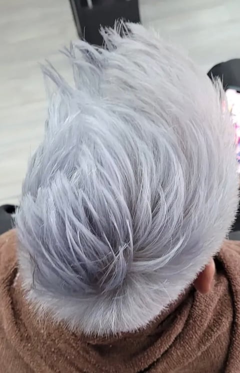 Back view of person with fluffy, silver-gray pixie cut hairstyle