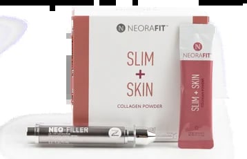 NEORAFIT Slim & Skin product set including collagen powder box, red bottle, and beauty pen applicator