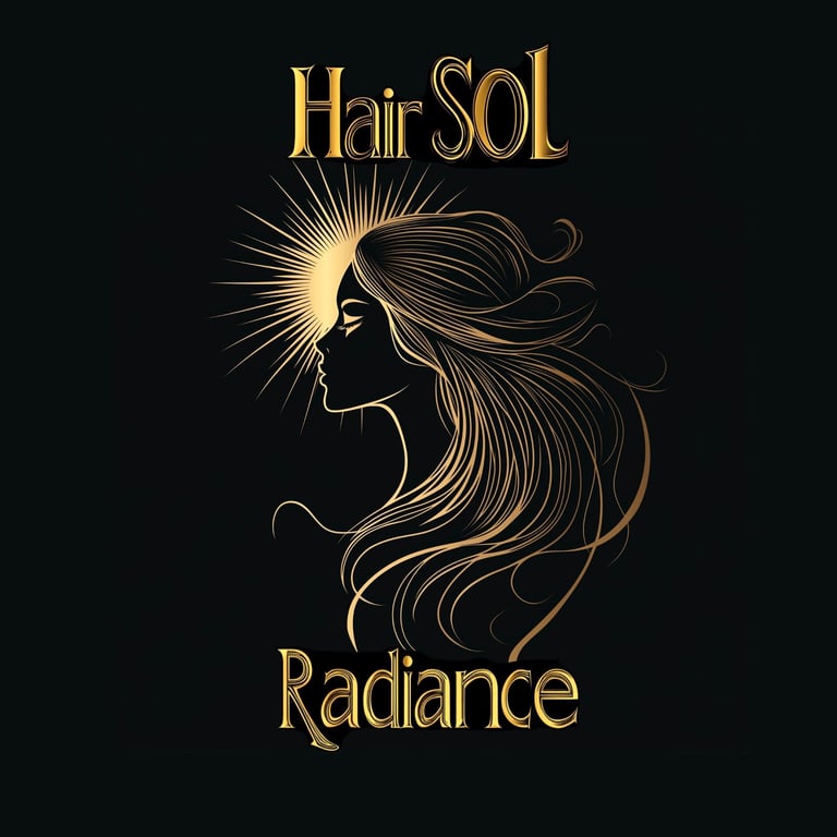 Gold silhouette of a woman with flowing hair and glowing aura, text reads Hair SOL Radiance on black background