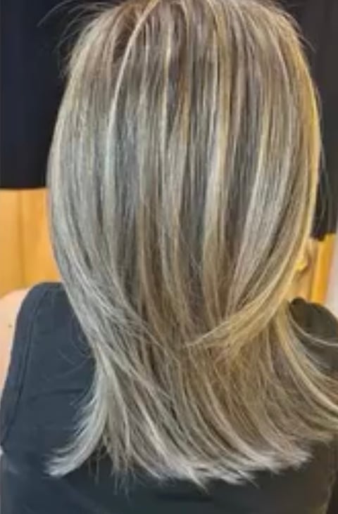 Back view of shoulder-length blonde hair with layers and highlights