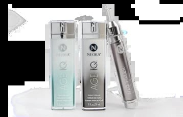 Neora skincare products display featuring two bottles and an applicator pen on white surface