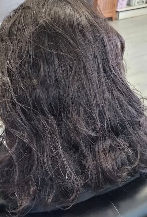 Back view of person with long dark hair with subtle highlights and layered waves