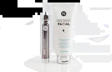 Two skincare products displayed on a white surface: a dark serum bottle with dropper and an Instant Facial cream tube