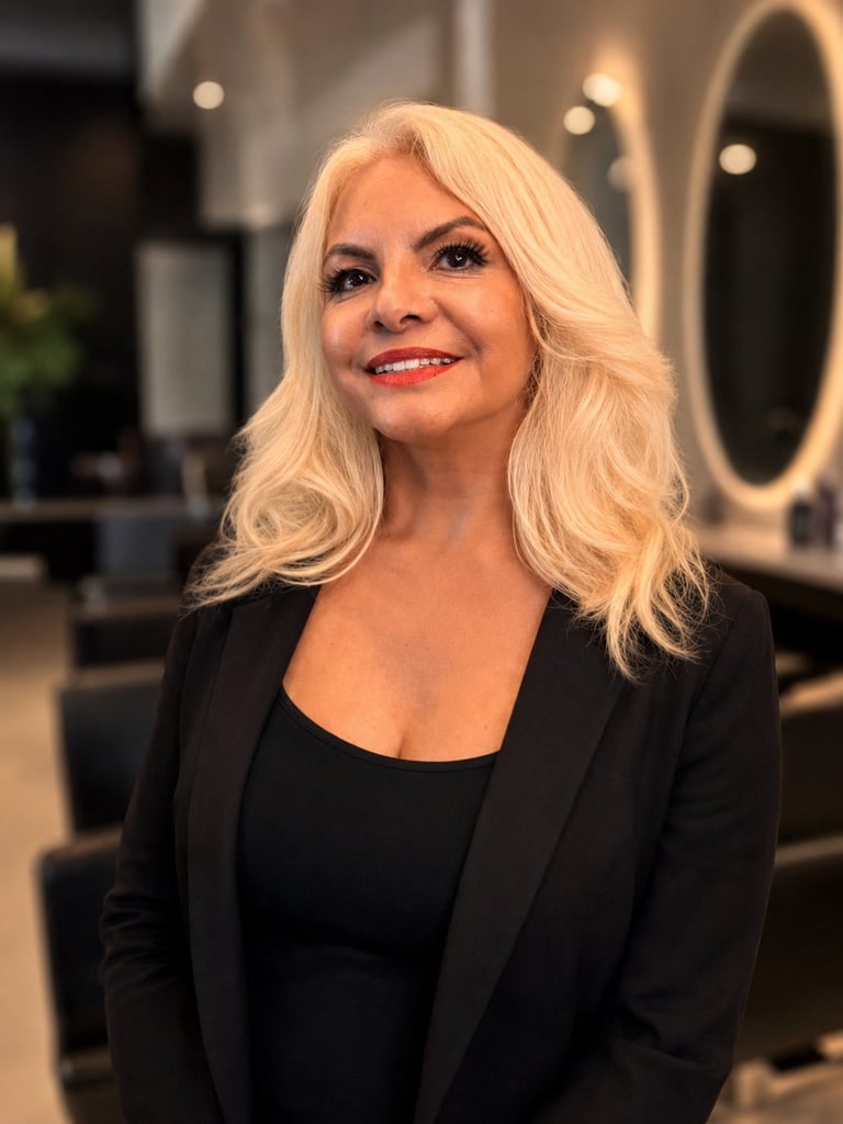 Woman with platinum blonde wavy hair smiling at camera, wearing black blazer over black top in modern interior setting