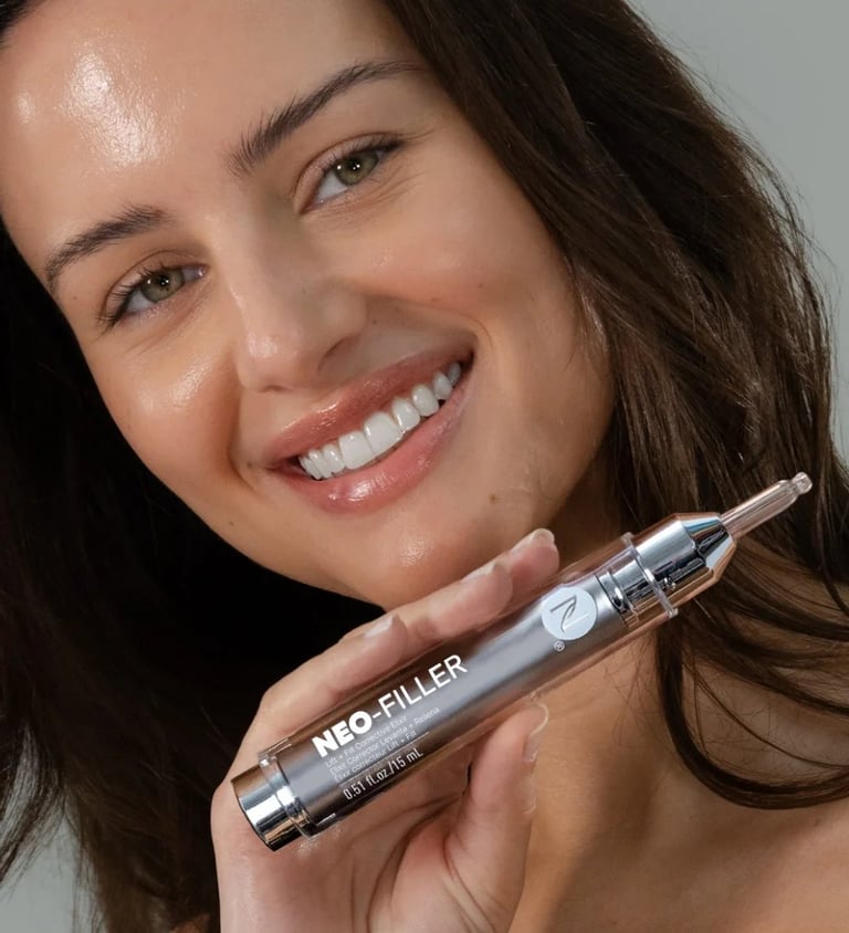 Woman smiling while holding a Neo-Filler cosmetic injection pen near her face
