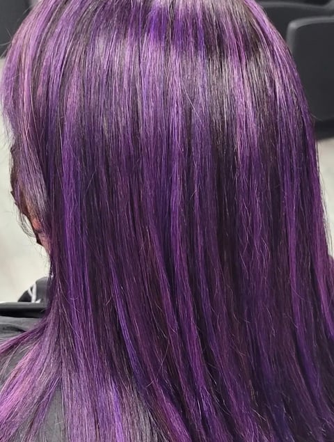 Back view of long purple hair with straight strands and darker undertones